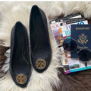 TORY BURCH Black Gold Peep Toe Wedge Heel Shoes